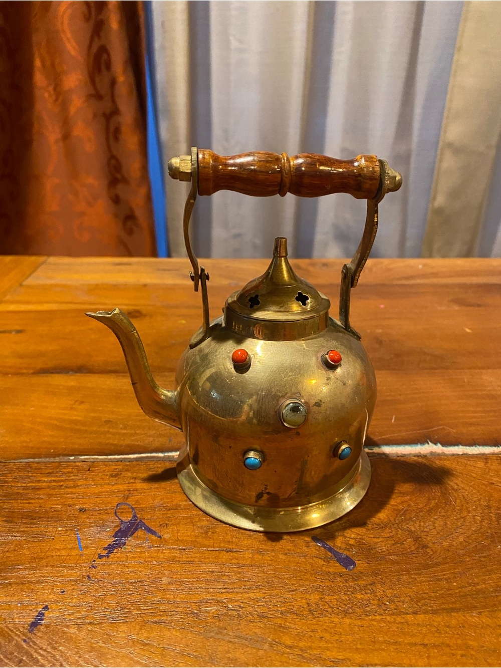 Brass Mini Teapot with Wooden Handle and Cabochon Accents - Brass